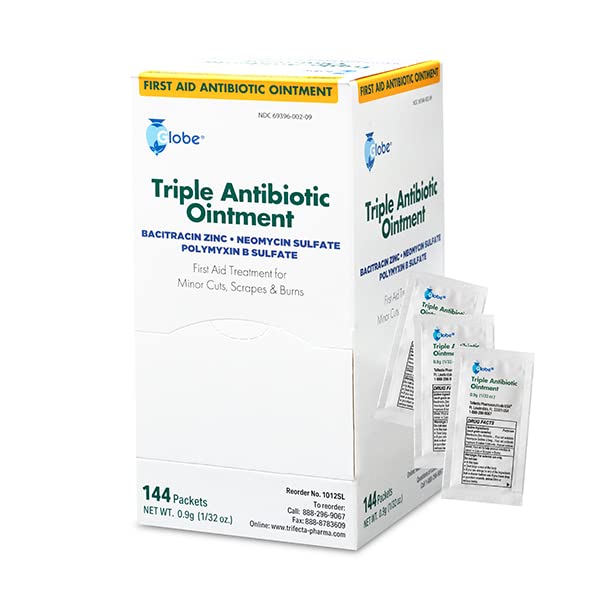 Globe (144 Pack) Triple Antibiotic Ointment 0.9g Single Packet, First Aid Kit for Minor Scratches, Wounds, Cuts and Burns, Prevents Infection Active Ingredients Compare to Leading Brand, Travel Size