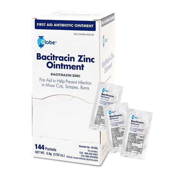 Globe (144 Packets) Bacitracin Antibiotic Zinc Ointment 0.9g Packet. First Aid to Prevent and heal infections for Minor cuts, scrapes and Burns. 144 Count (Pack of 1)