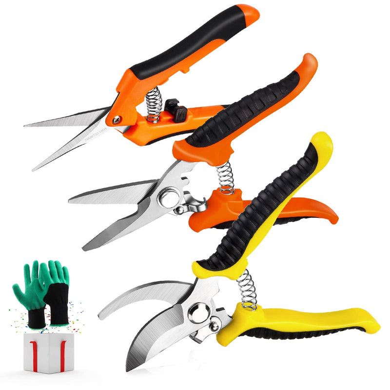 3 Pack Garden Pruning Shears Stainless Steel Blades Handheld Pruners Set with Gardening Gloves 3 PCS Multi-color
