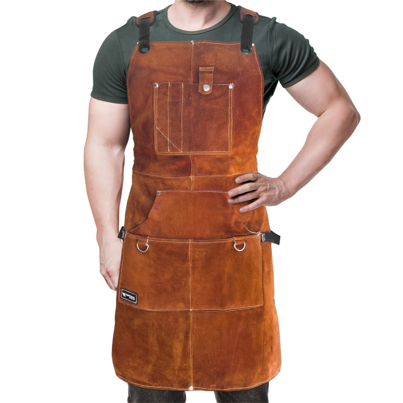 FIGHTECH Shop Apron - Heavy Duty Wood Working Apron for Men with Tool Pockets for Woodworkers Blacksmiths Carpenters M-XXL Brown Leather