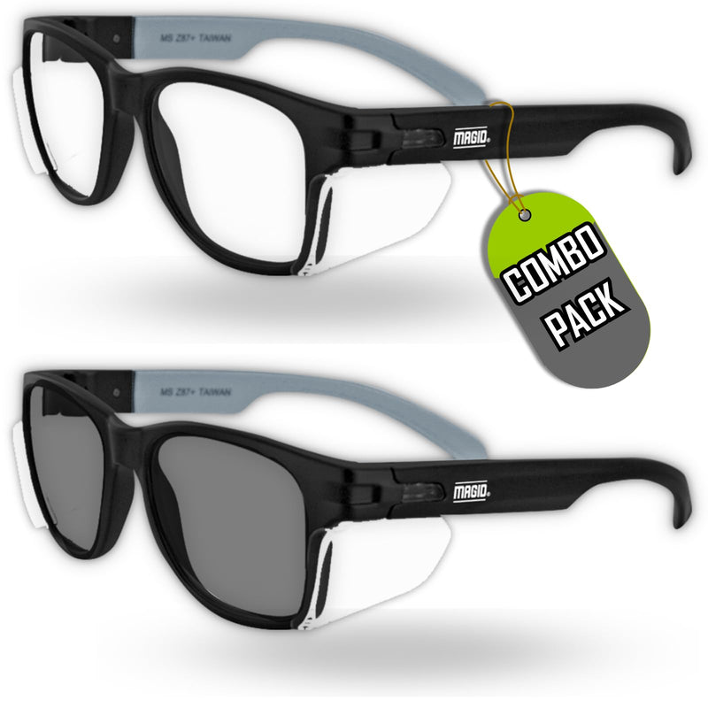 MAGID Y50 Safety Glasses, ANSI Z87.1, Anti-Fog UV Protection, 2 Pack Combo Lens 1 Clear 1 Gray, Side Shields, Black Frame, 2 Pairs Combo Lens | Clear & Gray