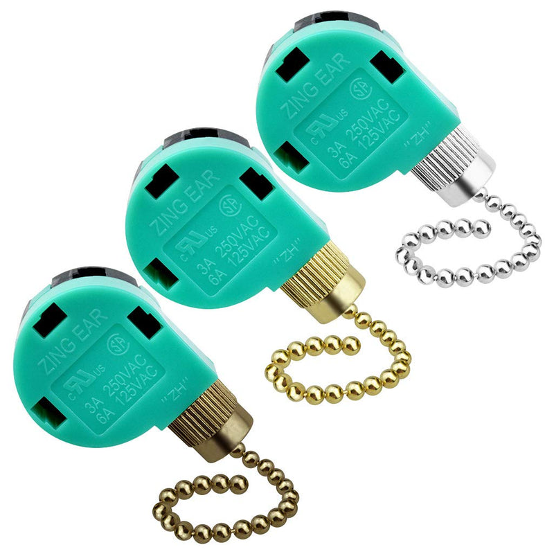 3 Pack Ceiling Fan Switch 3 Speed 4 Wire Zing Ear ZE-268S6 Fan Pull Chain Switch Replacement Speed Control Switch for Ceiling Fan Light, Wall Lamps, Cabinet Light (Multicolored) Brass,Nickel,Bronze