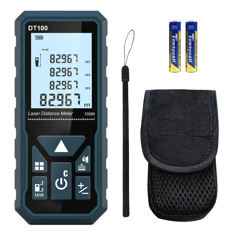HANMATEK Laser Measure 328 Feet Digital Laser Tape Measure M/in/Ft Unit Switching Backlit LCD and Pythagorean Mode, Measure Distance, Area and Volume - Hand Strap and Battery Included DT100 328ft
