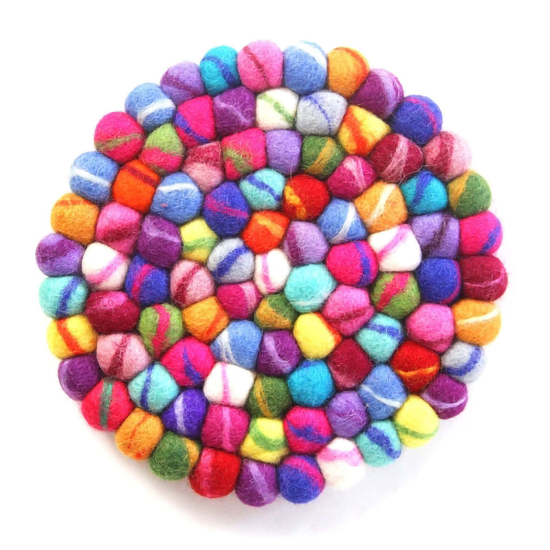 Global Crafts Hand Crafted Felt Ball Wool Trivet Mat from Nepal, 8" Round Pad, Rainbow