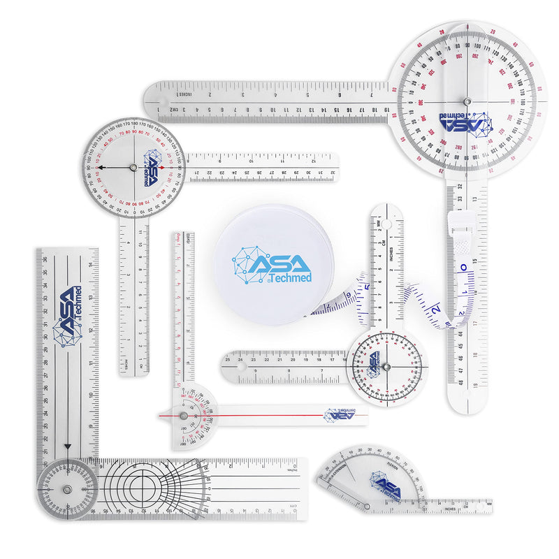 ASA TECHMED Goniometer Complete Set 6 Pieces + Body Measuring Tape - Physical Therapy, Occupational Therapy, Fitness, Medical Protractor Angle Ruler 12/8/6 Inches