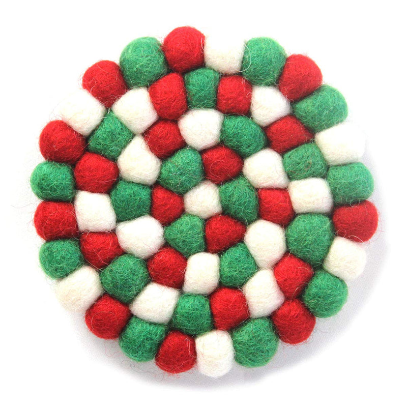Global Crafts Hand Crafted Felt Ball Wool Trivet Mat from Nepal, 8" Round Pad Christmas