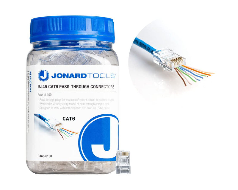 Jonard Tools RJ45-6100 CAT6A RJ45 Pass-Through Connectors for Network Cables (Pack of 100) 100 Pack Connectors: CAT6/CAT6a