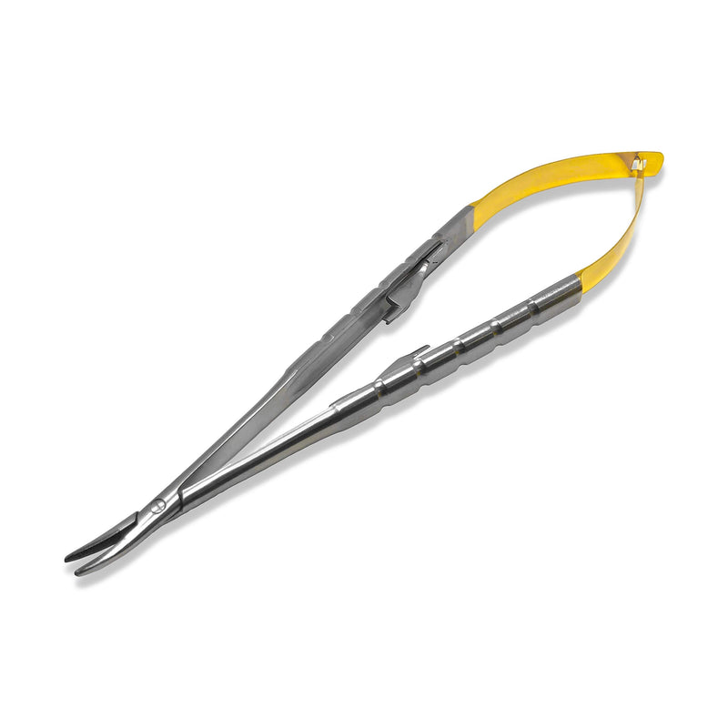 Cynamed TC Castroviejo Micro Needle/Suture Holder Driver with Tungsten Carbide Inserts and Gold Ends - Premium Grade Instrument (5.5 in. Curved Jaws) 5.5 in. Curved Jaws