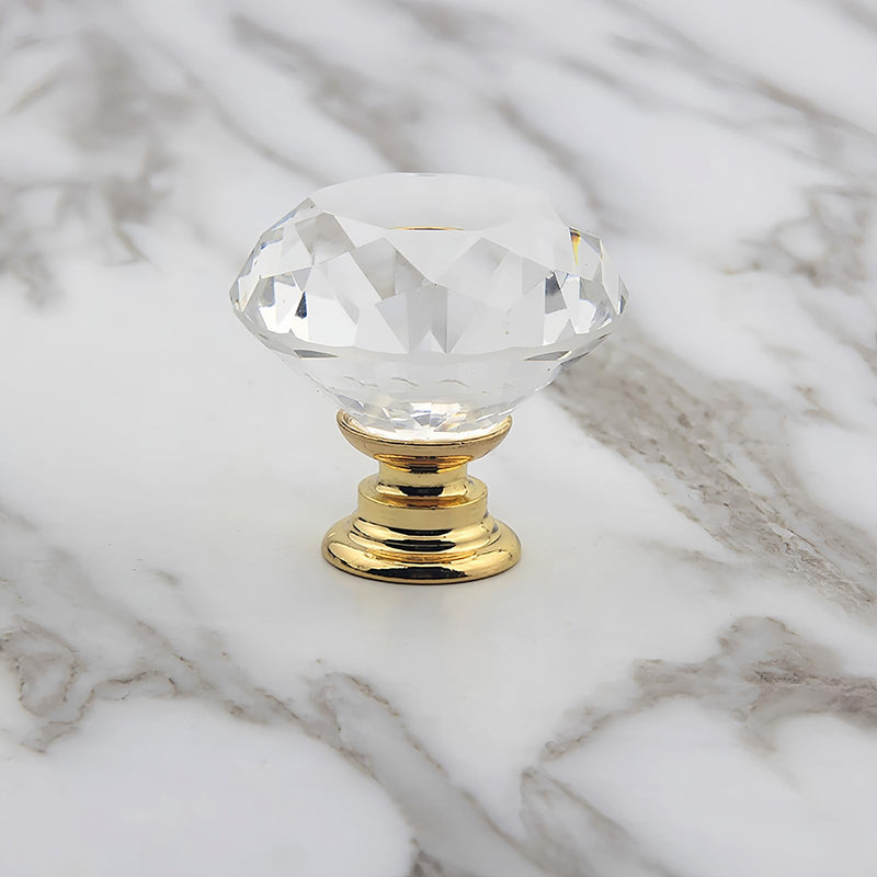 5 Pack Crystal Glass Cabinet Knobs - 30mm Clear Diamond Shape Decorative Gold Base Pulls Handles for Drawer Dresser Kitchen Cabinets Wardrobe Bathroom Vanity Desk (Gold) 5 Pack (Gold)