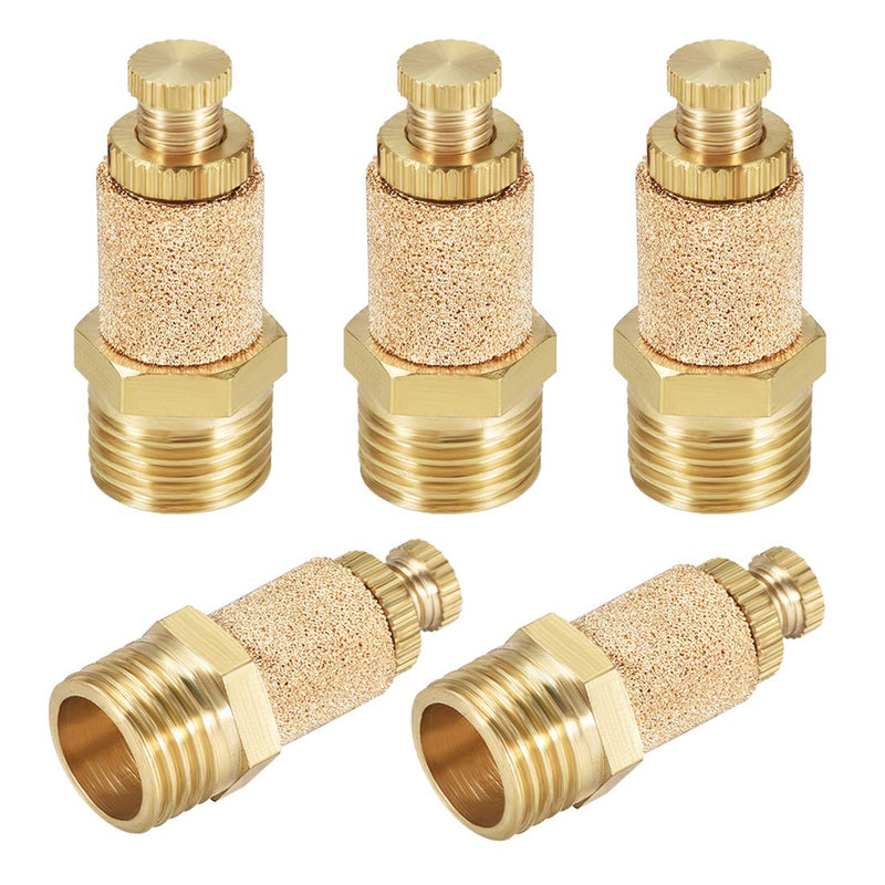uxcell Sintered Bronze Exhaust Muffler Top Adjustable G1/4 - Brass Body Pneumatic Air Muffler Air Flow Speed Controller Brass Flow Control Muffler 5pcs