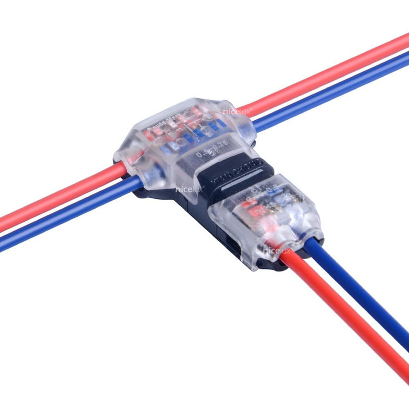 2 Pin T Connector for 22/20/18 AWG Wiring,Max DC/AC 300V 10A,IDC Self Stripping,T Tap Wire Splicer to Connect Branches to Main Wire,Car,LED Lighting,Video/Audio,and More,Clear Cover,10 PCS