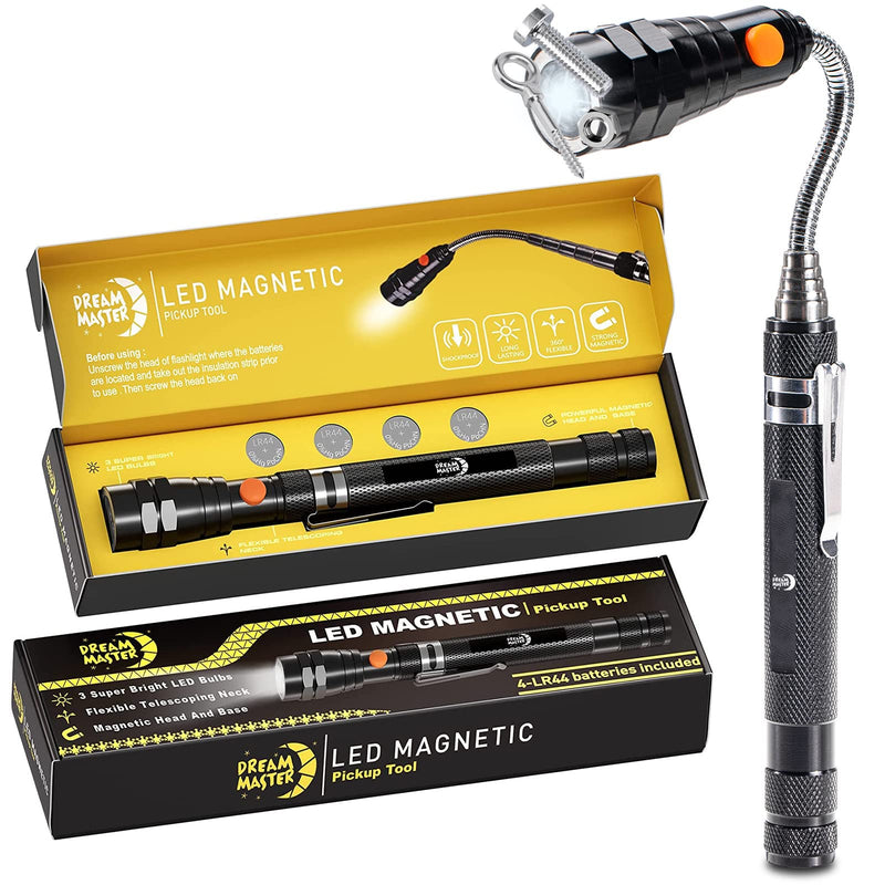 Magnetic Pickup Tool with 3 LED Lights, Telescoping Magnet Flashlight, Gifts Idea & Valentines Day Gifts for Men, Dad, Father, Handyman, Husband, Boyfriend or Women, Black Black Magnetic Tool