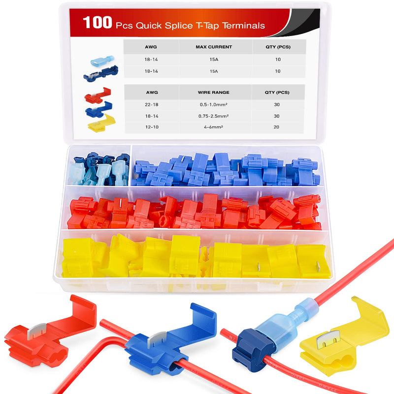 Nilight 100PCS Quick Splice Solderless Wire and T-Tap Electrical Connectors 22-18 18-14 12-10 AWG T Tap Insulated Terminal Assortment Kit 100Pcs Snap Wire Connector