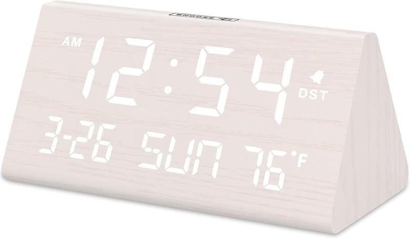 JALL Digital Alarm Clock, with Wooden Electronic LED Time Display, 3 Alarm Settings, Weekday/Weekend Mode, Temperature Detect, Wood Made Electric Clocks for Office, Bedroom, Bedside White-date