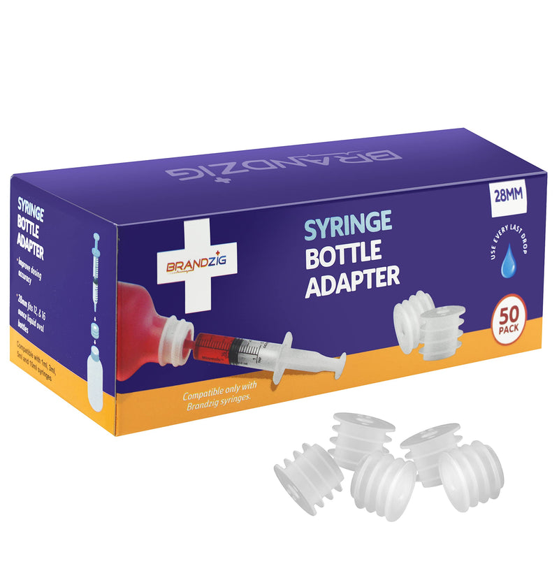 Medicine Bottle Syringe Adapter For Oral Dispensers (28mm, 50 Pack) | Press In Bottle Adapter for Liquid Medication | Only Fits Brandzig 1ml, 3ml, 5ml & 10ml Syringes