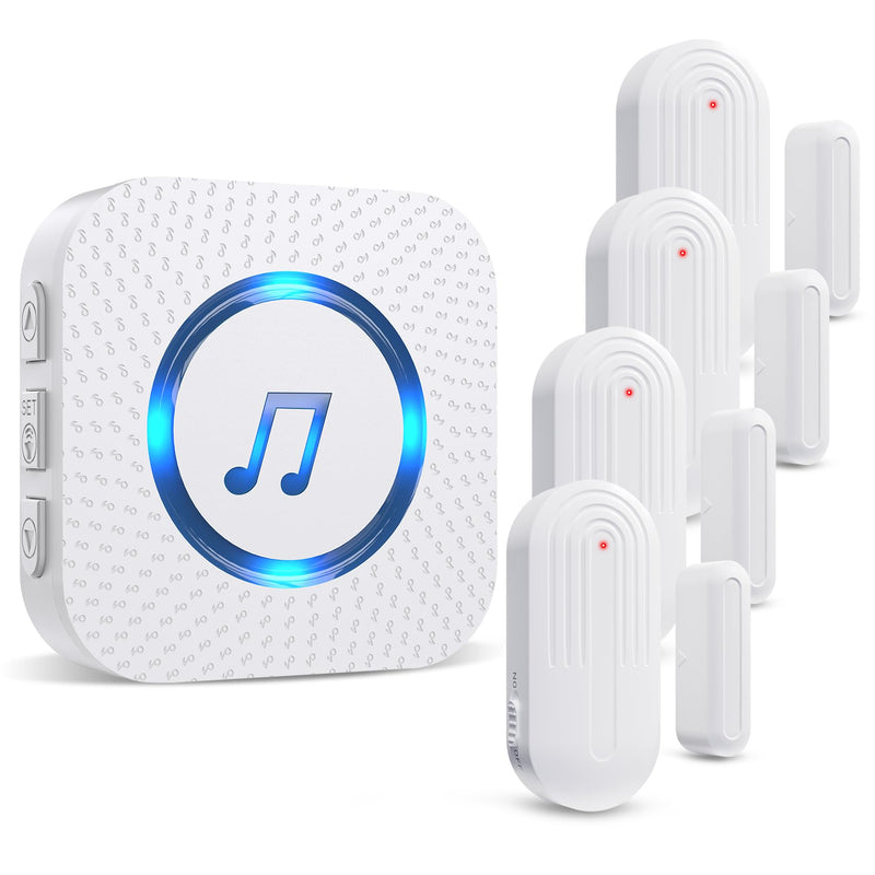 Sanjie Door Chime,Wireless Door Chimes When Door Opens Entry Alarm for Home/Business/Office/Store with 800ft Range,55 Chimes and 5 Adjustable Volume Door Ringer Alert 4 Sensors + 1 Receivers White