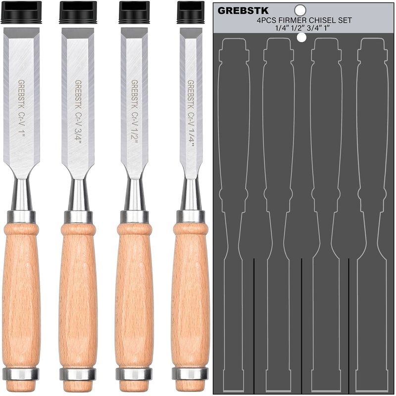 GREBSTK 9.5in Wood Chisel Set for Woodworking, 4pcs Chrome Vanadium Steel Bevel-Edge Bench Chisels with Cap, Comfortable Beech High Impact Handle 2#chisel