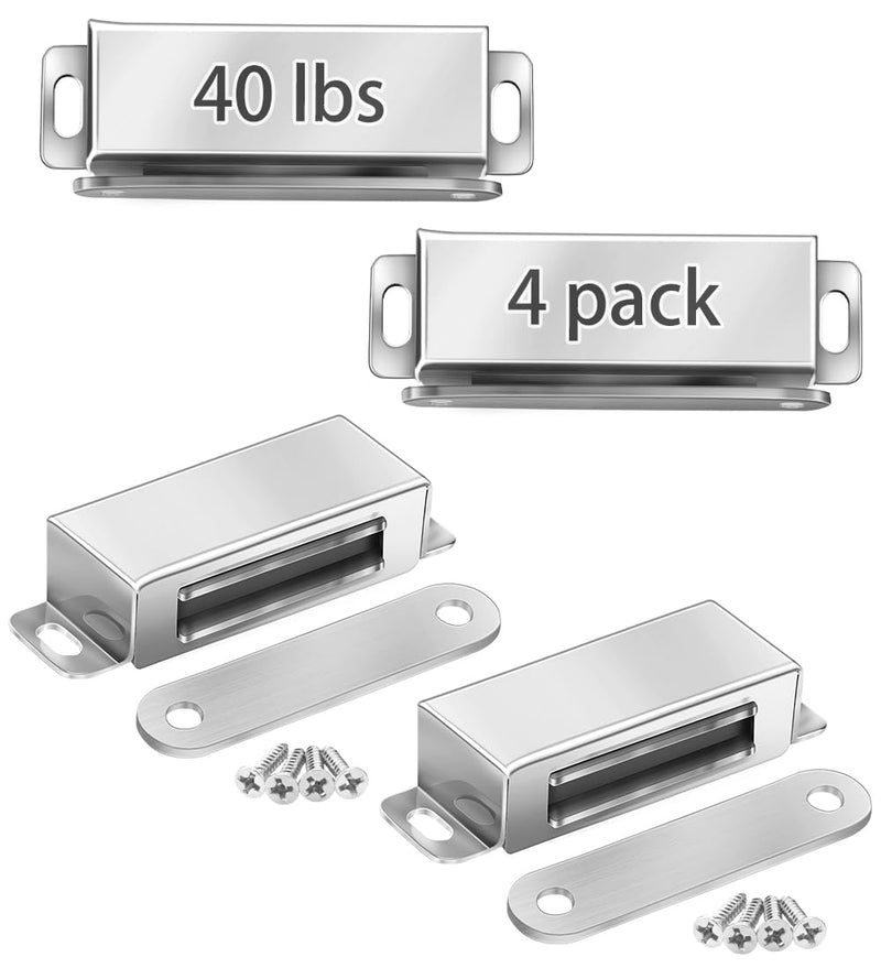 Onarway Magnetic Door Catch 40 lbs Pull Strong Magnet Cabinet Latches Magnetic Hardware Stainless Steel Chrome Door Closer for Bathroom Kitchen Sliding Door Window Cupboard (4 Pack-Strength 20KG) 40lbs Strength 4 pack Silver