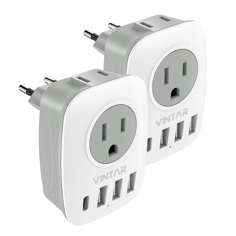 2 Pack European Travel Plug Adapter, VINTAR International Power Plug Adapter with 1 USB C, 2 American Outlets and 3 USB Ports, 6 in 1 Travel Essentials to Most of Europe Greece, Italy(Type C) Type C - Most of Europe