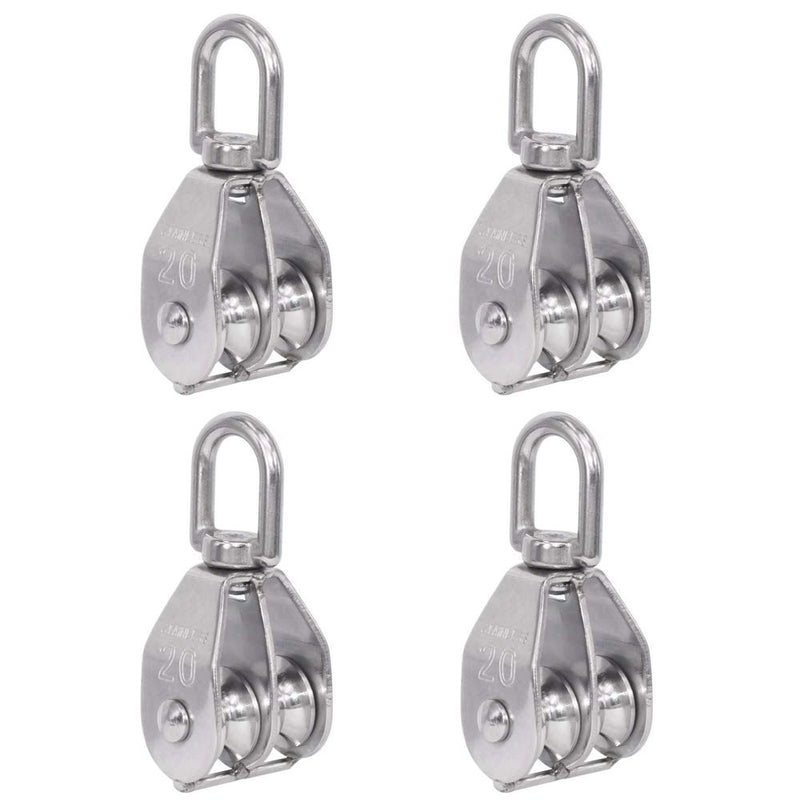 Rocaris 4 Pack Stainless Steel Wire Rope Crane Double Pulley Block M20 Lifting Crane Swivel Hook Single Pulley Block Hanging Wire Towing Wheel M20-4 Pcs