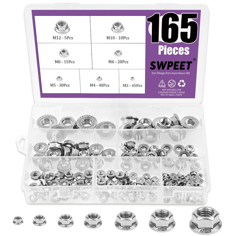 Swpeet 165Pcs 304 Stainless Steel Serrated Metric Flange Nuts Insert Hex Lock Nuts Assortment Kit - M3 M4 M5 M6 M8 M10 M12 M3-M12