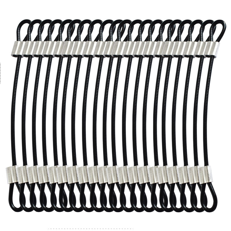 20 pcs 6 inch (15cm) 3mm Thickness Stainless Steel Wire Cable with Loops Vinyl Cover Coated Short Rope Lanyard Lock Safety Tether Chains, Black 6in/15cm-20Pcs