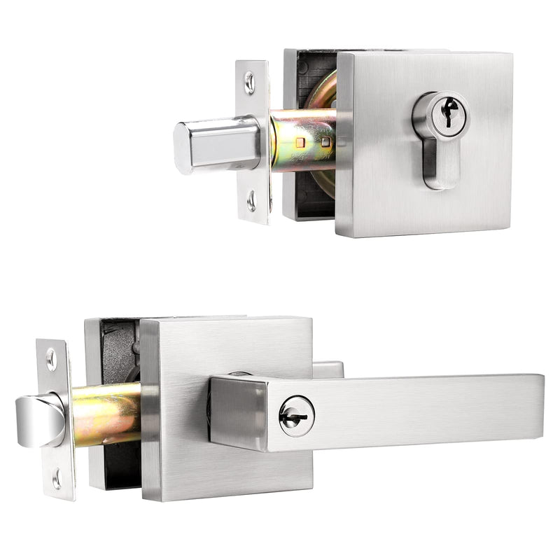 Probrico Square Entrance Lever with Double Cylinder Deadbolt Set Keyed Alike Combo Pack(for Office and Front Door), Heavy Duty Satin Nickel Entry Door Lockset for Right and Left Side, 1 Pack Brushed Nickel