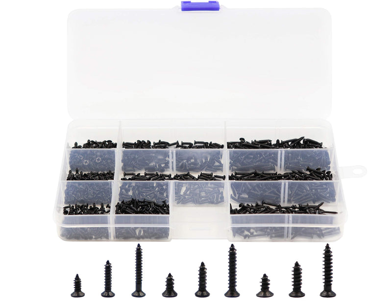 LBY 900pcs M1.7 M2 M2.3 x 5mm / 8mm/ 12mm Flat Head Self-Tapping Sheetmetal Screw Assortment Kit Mini Wood Screws 9 Sizes Combination Carbon Steel Black
