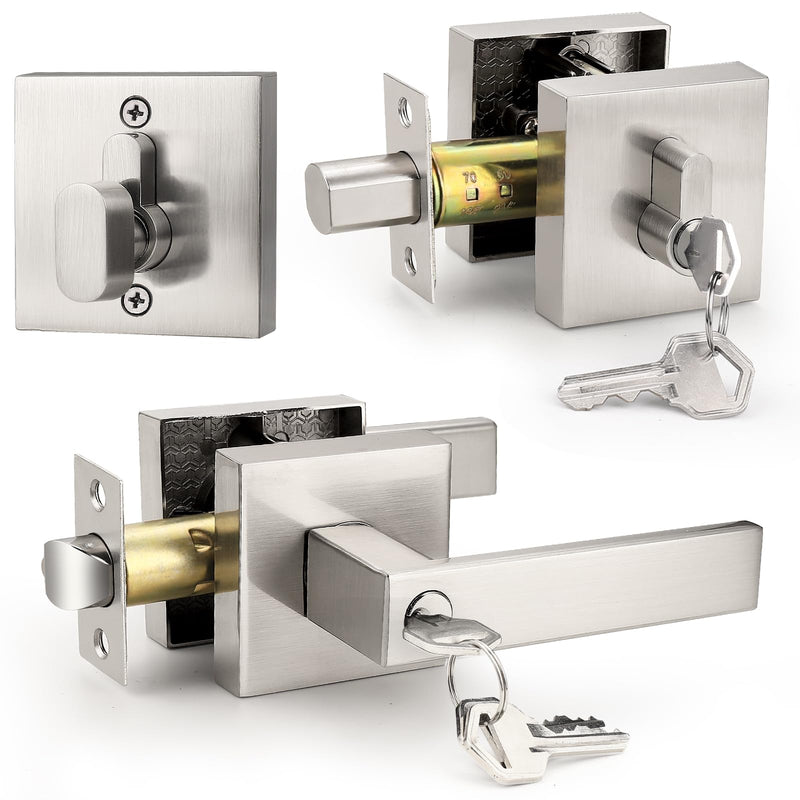Probrico Square Entrance Lever with Single Cylinder Deadbolt Set Keyed Alike Combo Pack(for Office and Front Door), Heavy Duty Satin Nickel Entry Door Lockset for Right and Left Side, 1 Pack Brushed Nickel