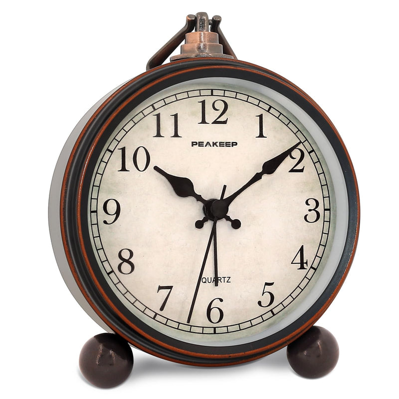 Peakeep 4" Small Battery Operated Antique Retro Analog Alarm Clock with Contour Lines in Gold for Room Decors, Silent Elegant Bedside Desk Gift Clock Black