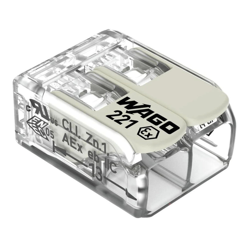 221-682 | WAGO 221 Series Lever-Nuts® for Hazardous Locations | 2-Conductor Splicing Connector | 20 – 10 AWG | Transparent housing, White Operating levers | [Box of 50 Pieces] Box