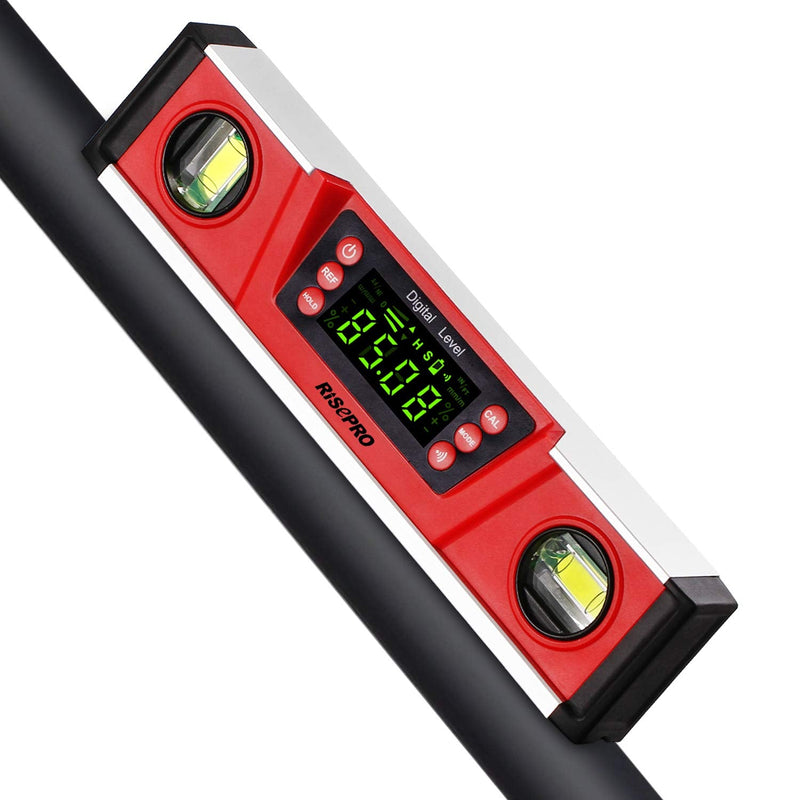 10-Inch Digital Torpedo Level and Protractor IP54 Protected Electronic Bubble Inclinometer, Angle Finder, Gauge w/Large VA Display & V-Groove Base DL135N Red