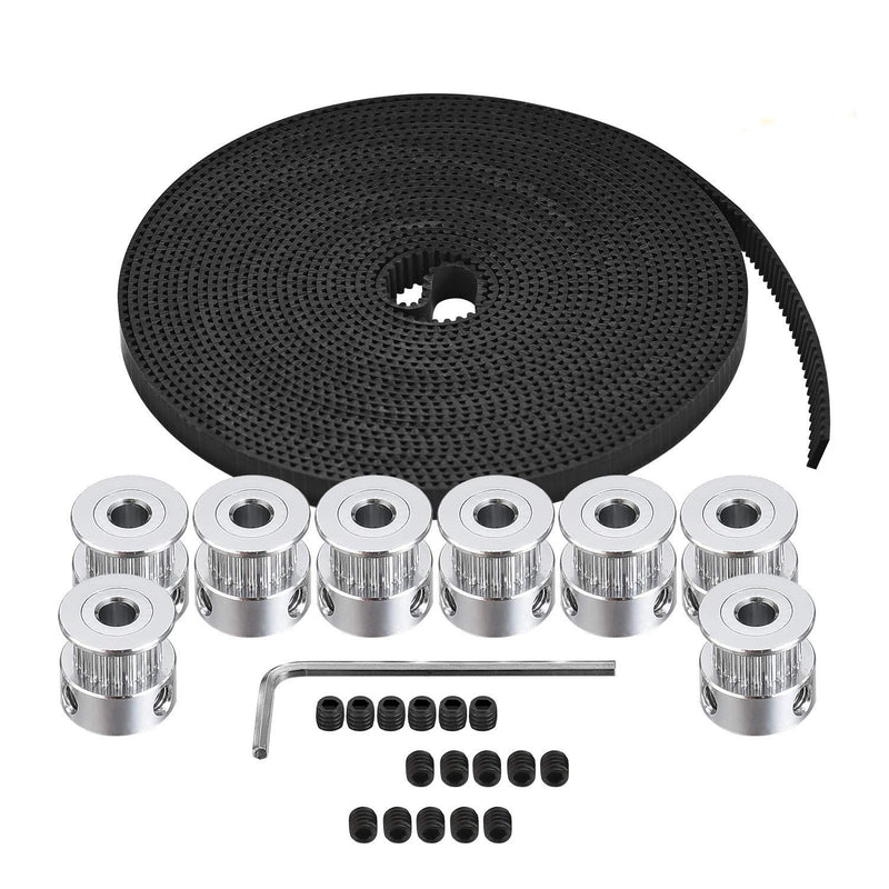Zeelo GT2 Timing Belt Pulley, 8pcs 5mm 20 Teeth Timing Pulley Wheel and GT2 5 Meters Rubber 2mm Pitch 6mm Wide Timing Belt with Allen Wrench for 3D Printer CNC 5M+8 SET