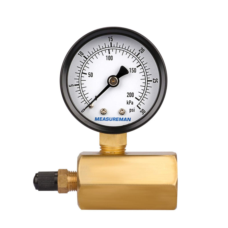 MEASUREMAN 2" Brass Gas Pressure Test Gauge Assembly, 3/4" FNPT Connection, 0-30 psi/kpa, +/-3-2-3% Accuracy 0-30psi/kpa Brass body