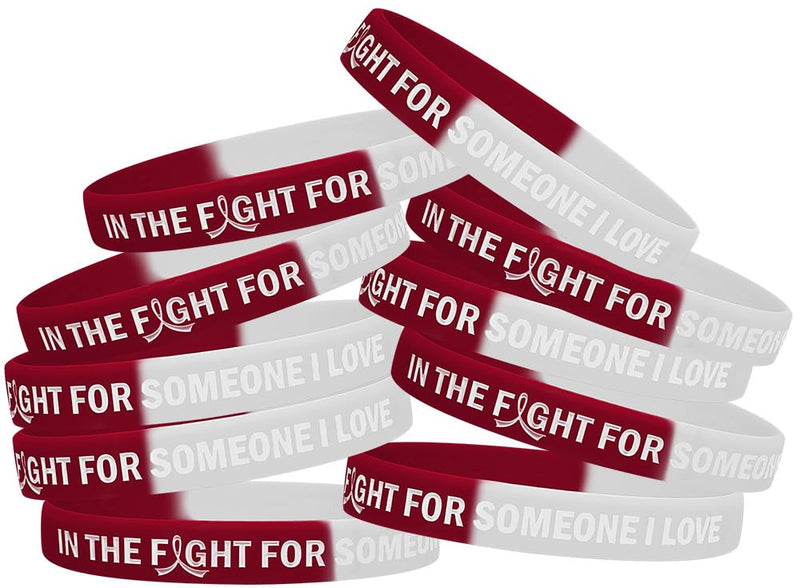 In the Fight for Someone I Love Silicone Wristband Bracelet for Cancer & Cause Awareness (10 Pack) Burgundy & White