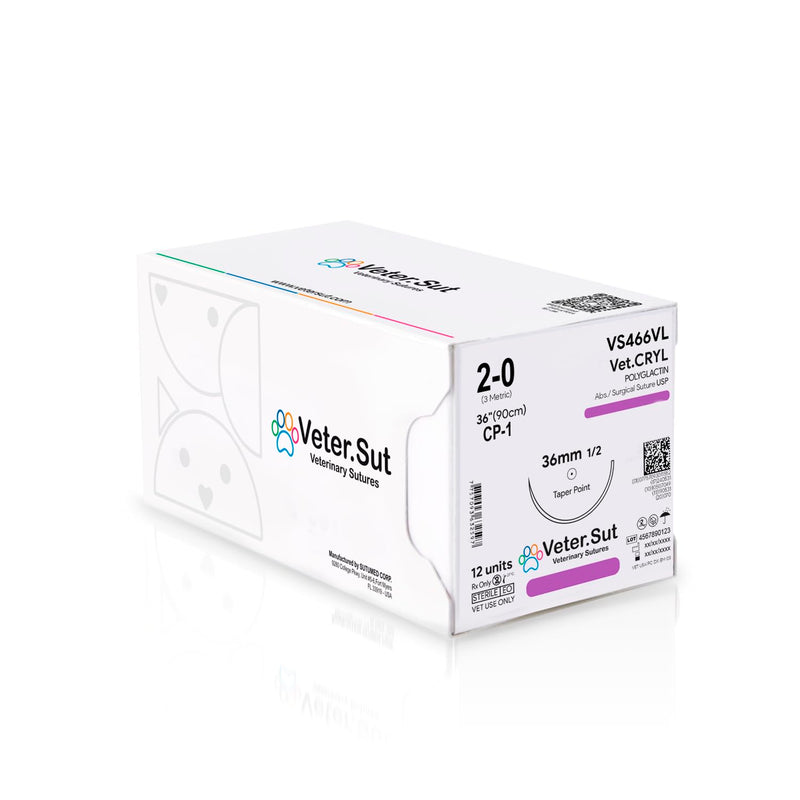 VeterSut VetCRYL Absorbable Polyglactin Surgical Suture USP Size 2-0, (CP-1) 1/2 36mm Reverse Cutting Needle, 36 Inches (90 cm), 12 Count, Veterinary Use - NewNest Australia