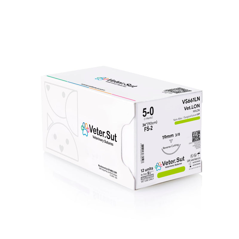 VeterSut VetLON Non-Absorbable Nylon Surgical Suture USP Size 5-0, (FS-2) 3/8 19mm Reverse Cutting Needle, 36 Inches (90 cm), 12 Count, Veterinary Use