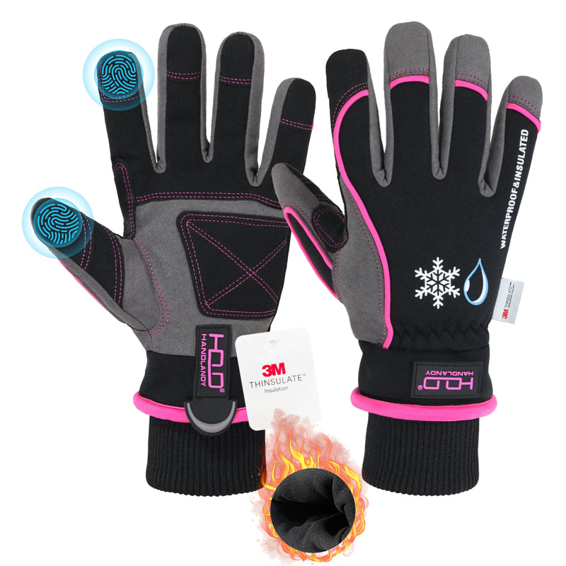 HANDLANDY Waterproof Insulated Work Gloves, 3M Thinsulate Thermal Winter Gloves for Men Women Touch Screen, Warm Ski Snowboard Cold Weather Gloves (Small, Pink) Small Pink-women Size