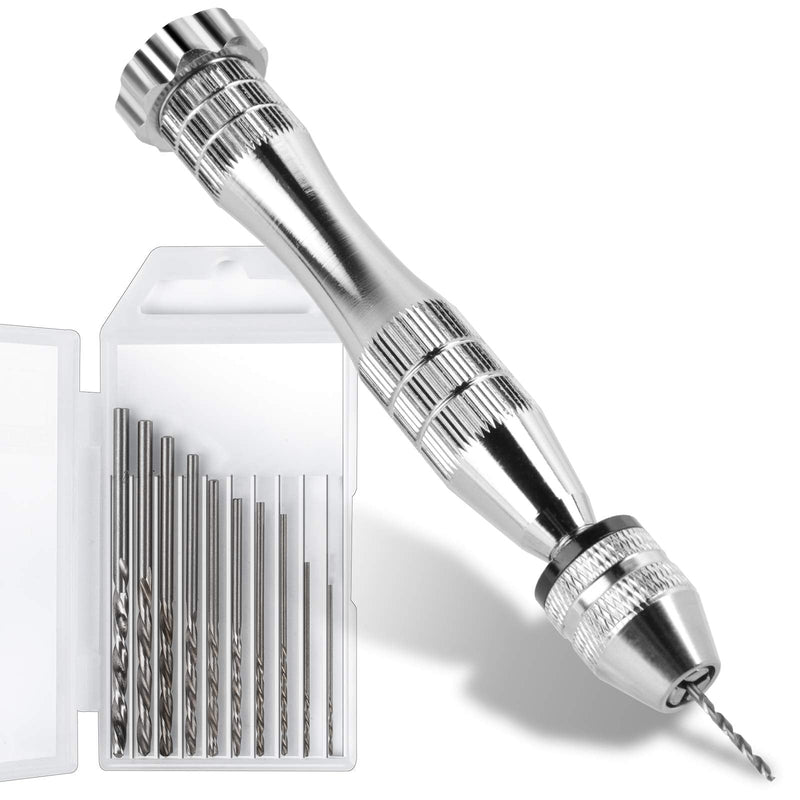 LEOBRO Pin Vise for Resin Casting Molds, Steel Hand Drill, Resin Drill with 10 PCS Drill Bit, Precision Hand Drill Tools for Epoxy Resin Arts Crafts, Wood, Clay, DIY Resin Keychain Jewelry Making A-silver