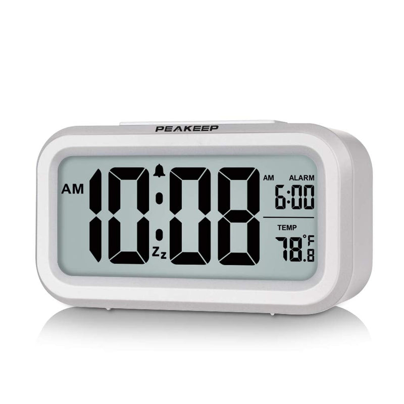 Peakeep Night Light Digital Alarm Clock Battery Operated with Indoor Temperature, Desk Small Clock (White) White