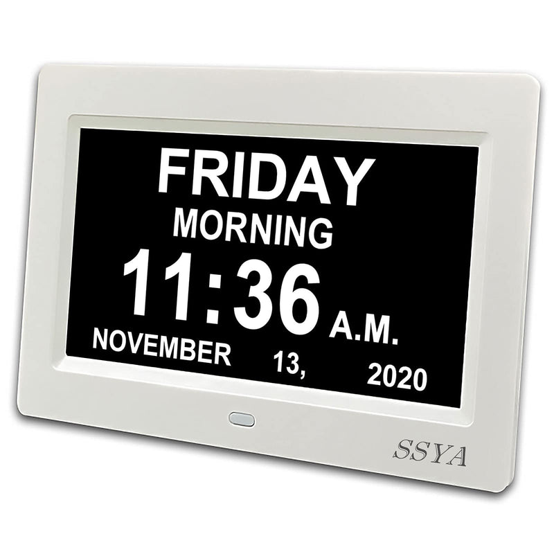 SSYA Digital Calendar Alarm Clock - 12 Alarm Options, Level 5 Auto Dimmable, Dementia Clocks for Vision Impaired, Elderly, Memory Loss Clock with Non-Abbreviated Clock with Date and Day (7 inch) White - NewNest Australia