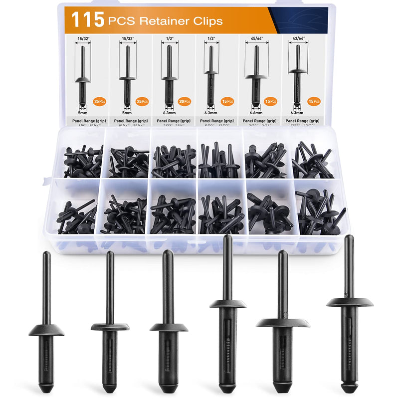 GOOACC 115 Pcs Automotive Nylon Universal Pop Rivet Assortment - 6 Most Popular Sizes & Applications for GM Ford Chrysler VW 115Pcs Rivet Set
