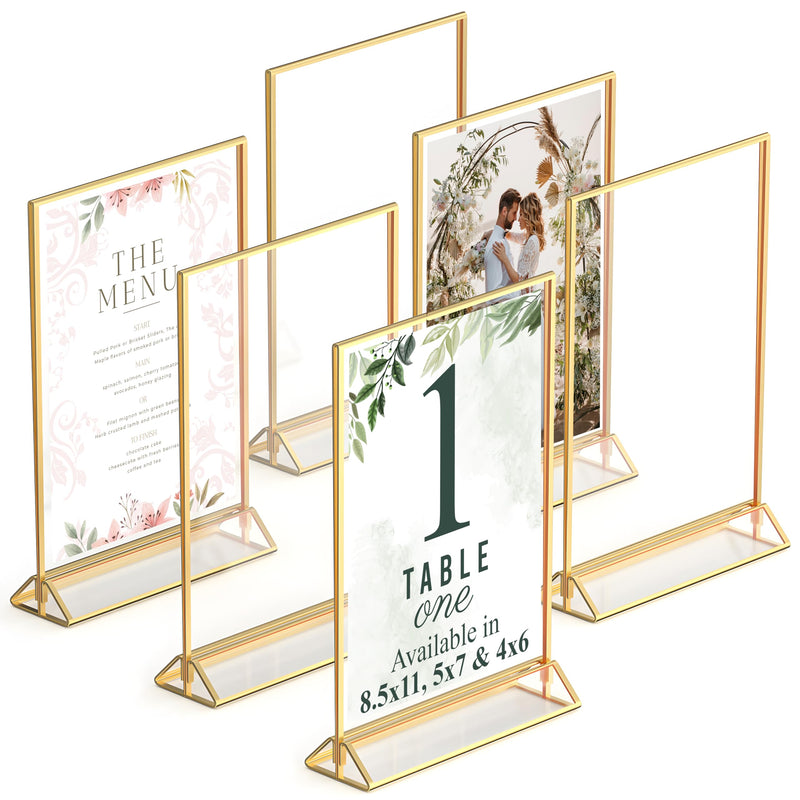 Gold Picture Frames Double-Sided, 6-Pack 5x7 Acrylic Table Number Holders, Clear Easel Stands for Signs, Gold Frames for Wedding Table Numbers, Menu Holders, and Photo Displays for Events and Décor 5x7 (6 Pack)