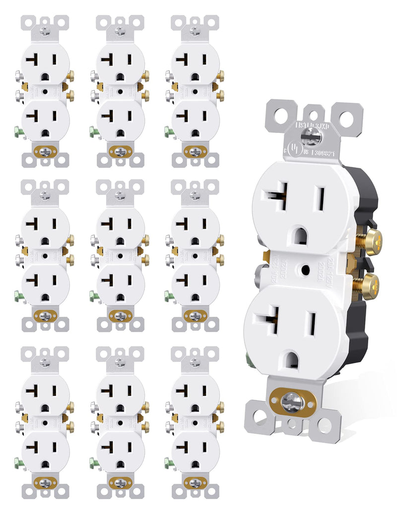 AIDA 20 Amps Outlets Duplex Electrical Receptacle Outlets, Electrical Outlet, 20Amp 125V Heavy-Duty Wall Outlet, Residential, 3-Wire, Self-Grounding, UL Listed, Side Wire (10 Pack, White) Without Wall Plate 10