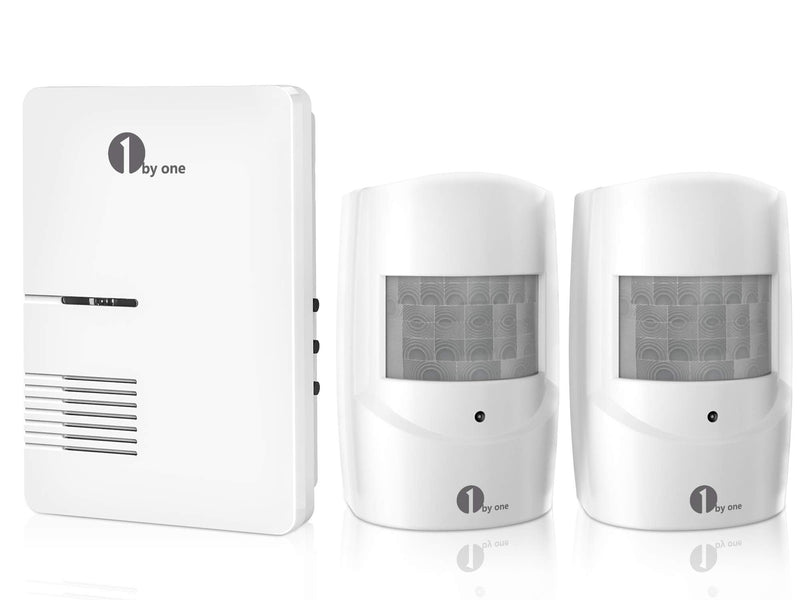 1byone Driveway Alarm, Home Security Alert System with 36 Melodies, 1 Plug-in Receiver and 2 Weatherproof PIR Motion Detector, 1000ft Wireless Transmission Range and 24ft PIR Detection Range 1 receiver 2 PIR sensors
