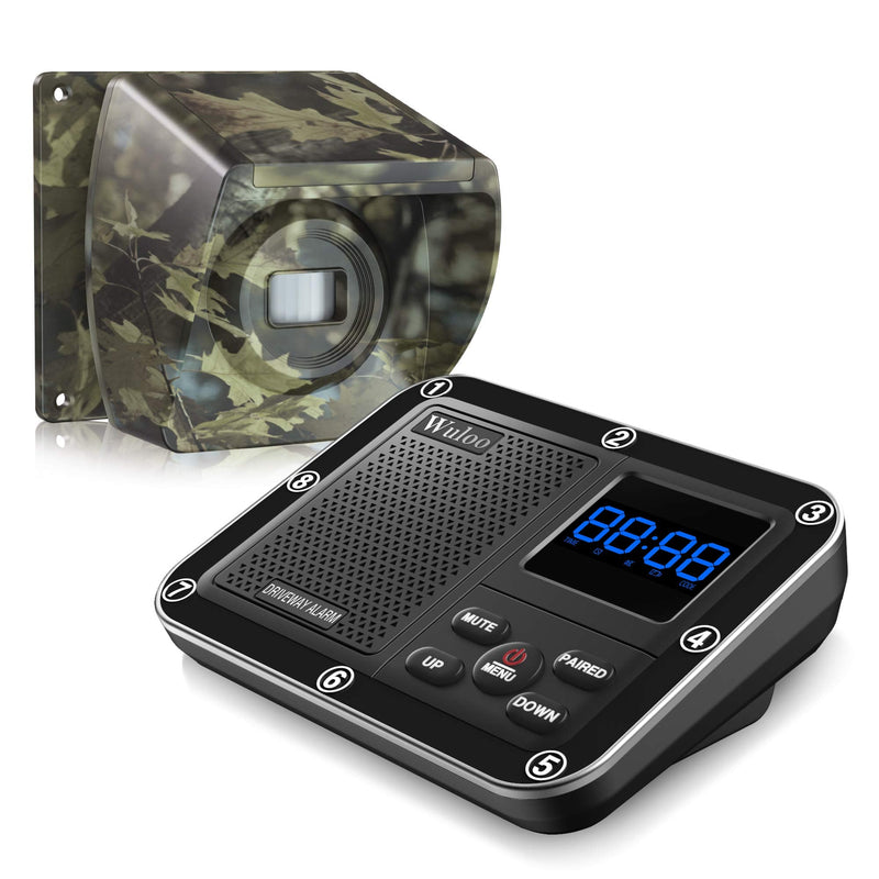1800 Ft Wireless Outside Driveway Alarm Outdoor Motion Sensor & Detector Driveway Alert System, Rechargeable Battery/Weatherproof/Mute Mode/Clock and Alarm Functional (1&1-Camouflage) 1&1-Camouflage