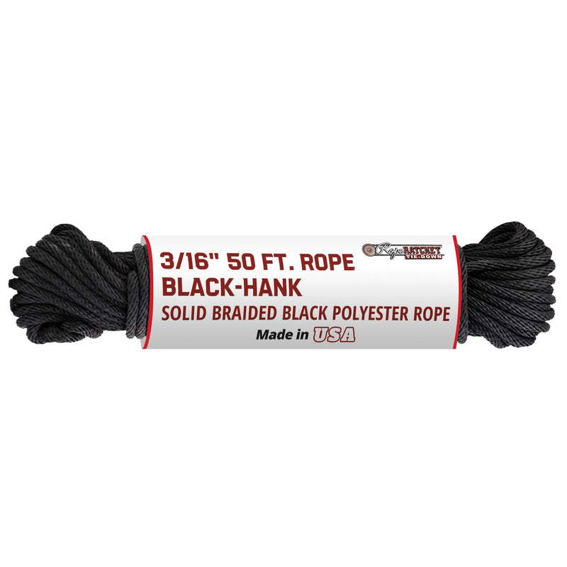 Rope Ratchet 3/16" 50 ft Solid Braided Polypropylene Rope, Heavy Duty, Weatherproof Utility Cord for Camping, Tie Down, Securing, Indoor & Outdoor Use, 110 lbs Capacity - Black Black-hank B