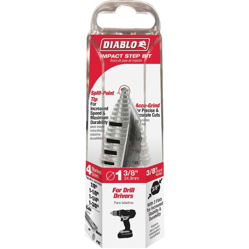 Diablo Impact Strong Step Drill Bit - Fast, Precise Drilling in Thin Metals, Plastic and Steel - Optimized Dual Flute Design, 1-3/8" Diameter, 3/8" Hex Shank, 2-29/32" Length - DSD1375S15