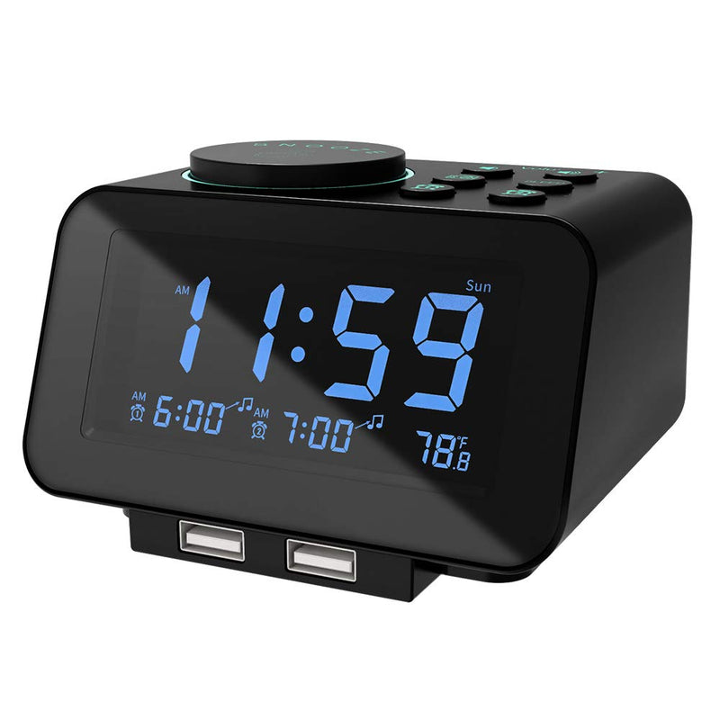 uscce Digital Dual Alarm Clock Radio - 0-100% Dimmer with Weekday/Weekend Mode, 6 Sounds Adjustable Volume, FM Radio w/Sleep Timer, Snooze, 2 USB Charging Ports, Thermometer, Battery Backup Black