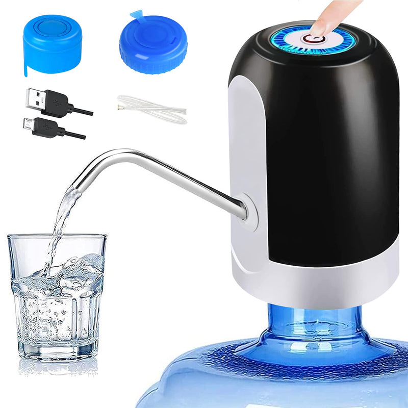 CHIVENIDO 5 Gallon Water Dispenser - Water Bottle Pump with Reusable Caps for Screw Top or Crown Tops, USB Charging Water Jug Dispenser for Universal 2-5 Gallon Bottle Black